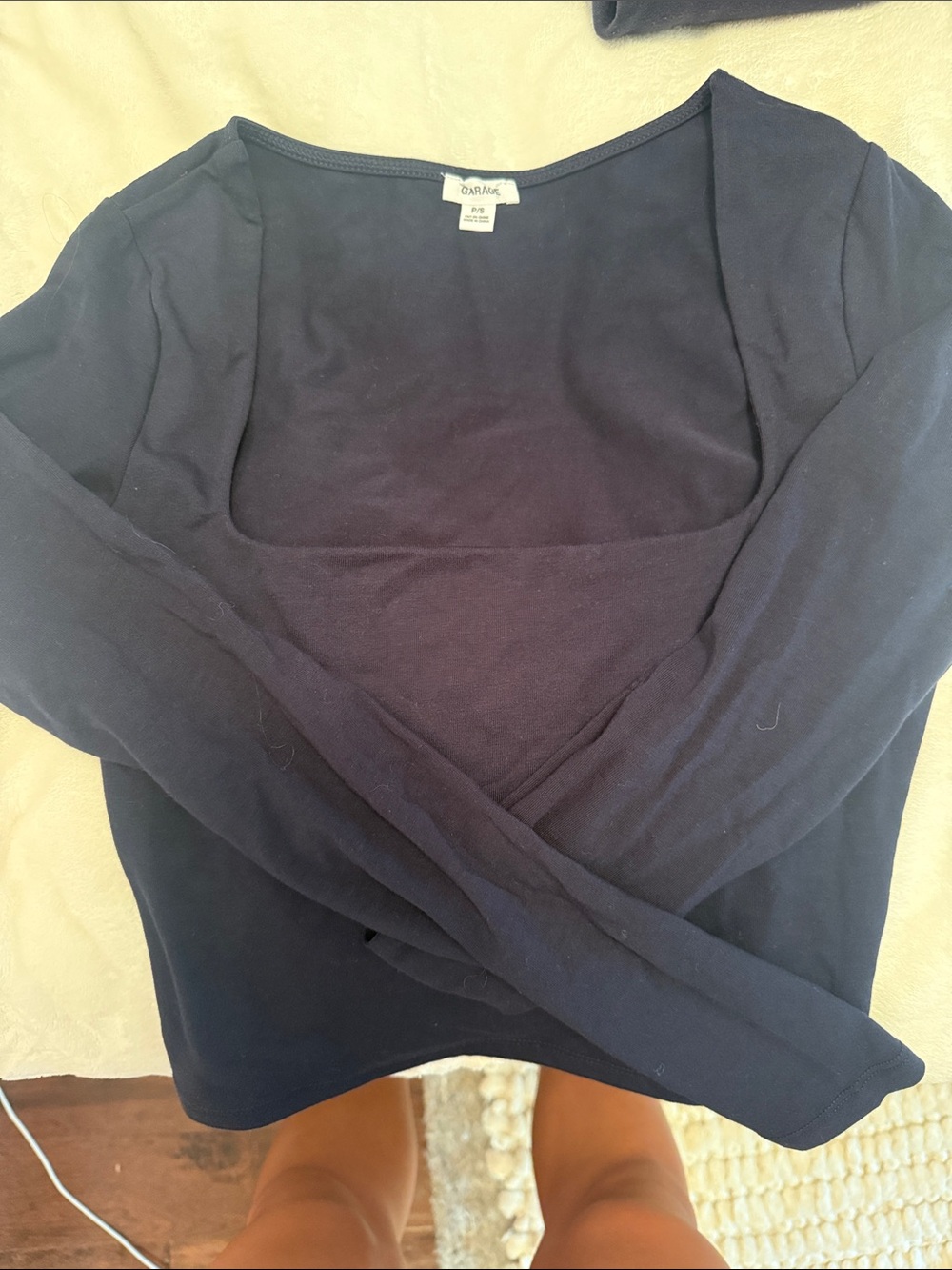 Garage Navy Square-Neck Long Sleeve Crop Top